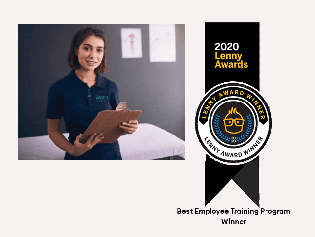 A female Plena employee holding a clipboard and smiling to the camera and a 2020 Lenny Awards winner ribbon for Best Employee Training Program winner