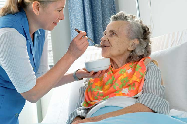 A Dietitian feeding an older woman who is sitting upright on her bed