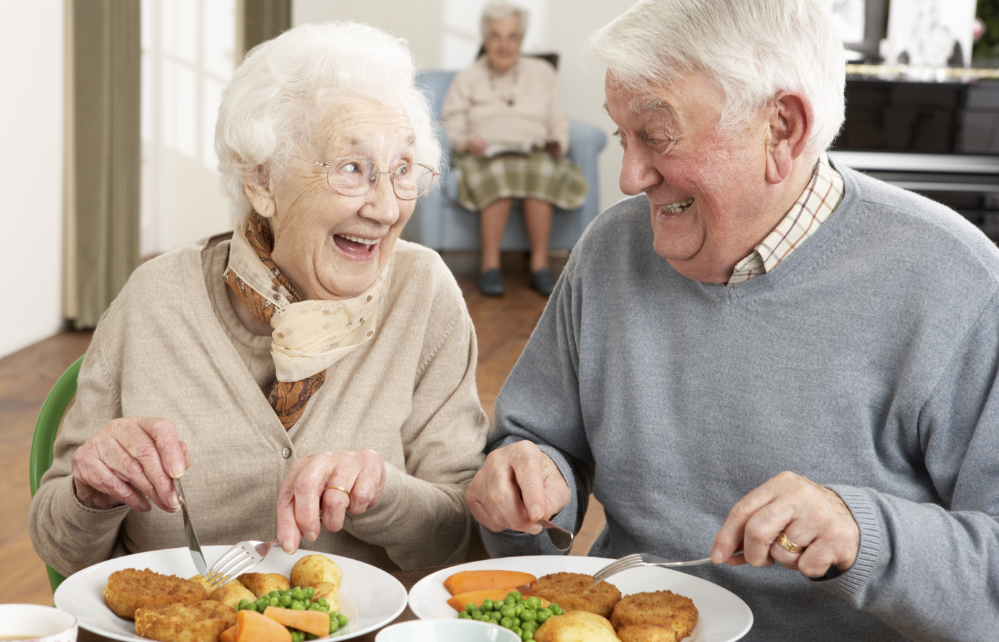 older woman and man enjoying a meal, smiling at each other.